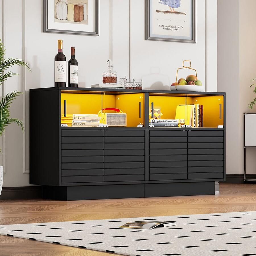 BLACKCOLORS 130*35*68 cm Dressoir met 2 kasten 4 vakken glazen deuren breedte 130 cm bijzetmeubel met ledverlichting woonkamermeubel met veel opbergruimte modern hoog dressoir