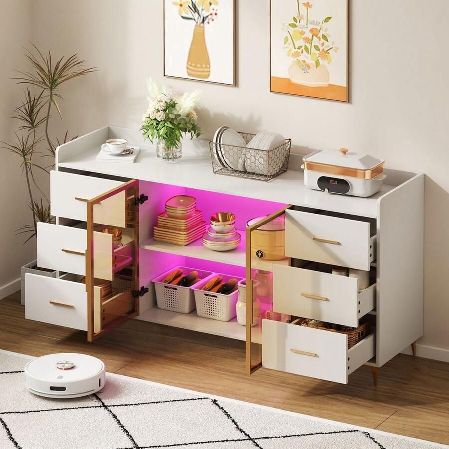 BLACKCOLORS 160 × 44 × 87 cm wit moderne keukenkast buffetkast 6 lades glazen deuren led-verlichting met afstandsbediening sfeerverlichting en goudkleurige metalen handgrepen geschikt voor de keuken woonkamer slaapkamer