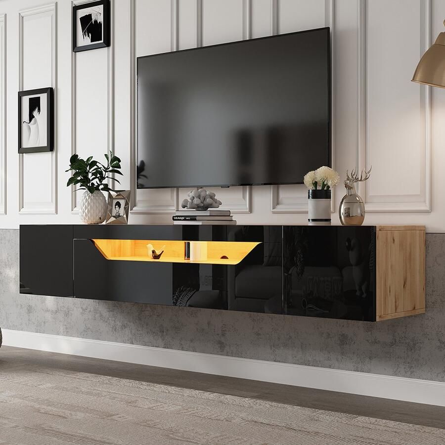 BLACKCOLORS 180*37*36 cm tv-meubel met 3 opbergvakken Ondermeubel hangende plank glanzend tv-meubel met ledverlichting tv-meubel aan de muur te bevestigen geschikt voor tv's tot 75 inch zwart + originele houtkleur