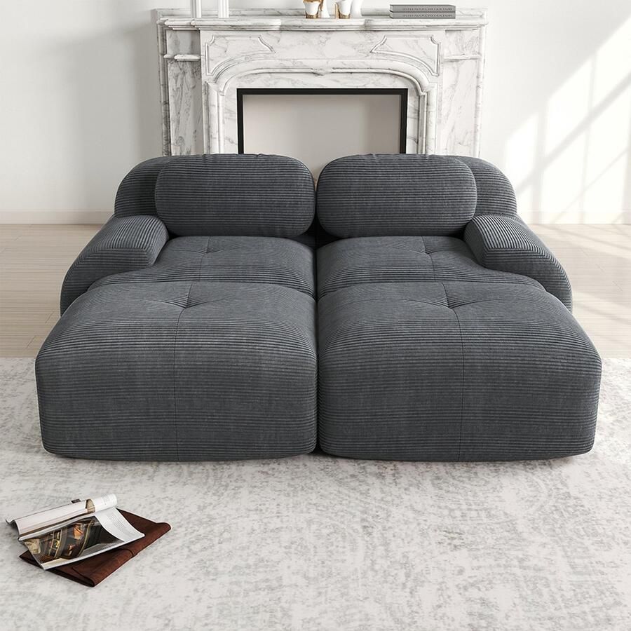 Pugsdrly 2-zitsbank van corduroy modulair te combineren met een chaise longue antislip ergonomische armleuningen en hoogelastische vulling voor de woonkamer en slaapkamer grijs
