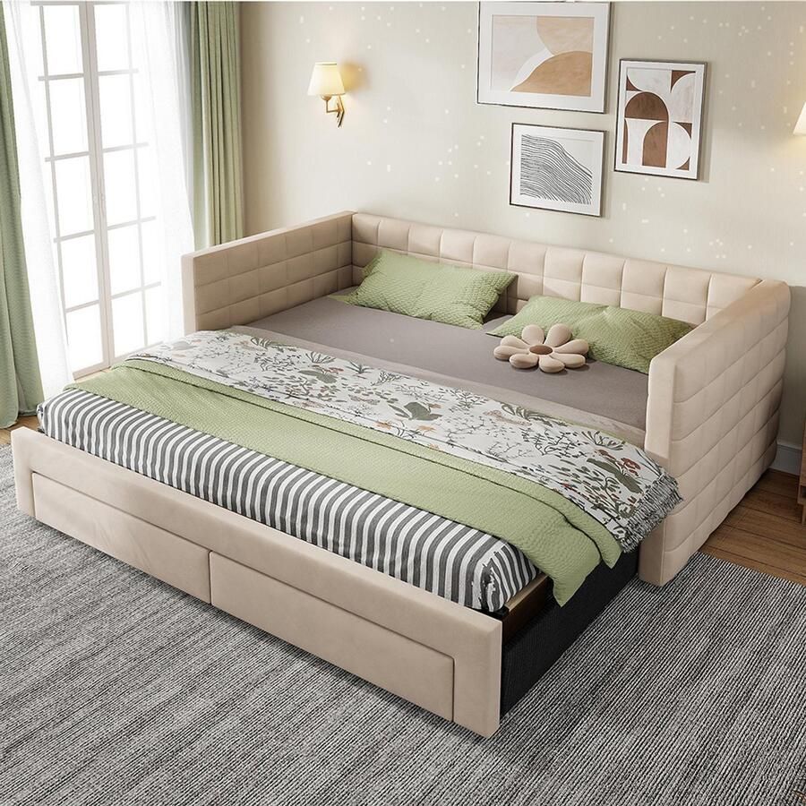 BLACKCOLORS 3-in-1 gestoffeerd bed Uitschuifbare slaapbank 90x190 cm Met opbergladen Om te vormen tot eenpersoons- of tweepersoonsbed Lattenbodem Van katoen en linnen Beige Zonder matras