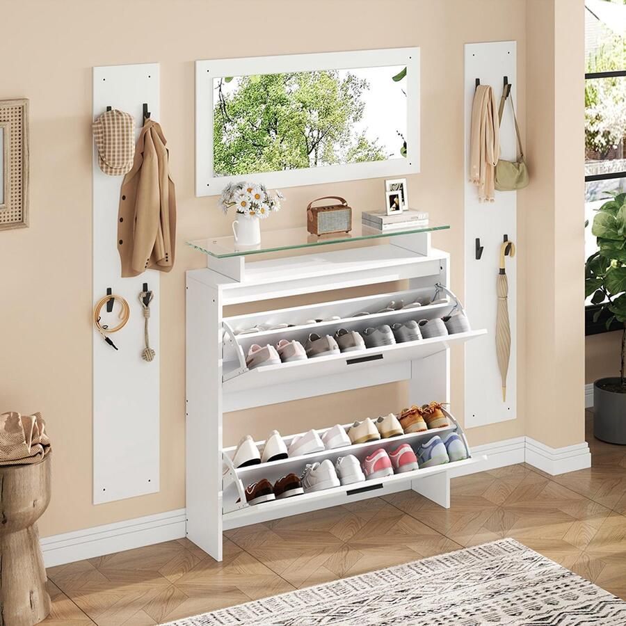 BLACKCOLORS 4-delige garderobeset 89 5*23*96 5 cm met spiegel 2 hoedenplanken en glanzende schoenenkast. Garderobeset voor de hal garderobeset voor de hal compacte garderobe met 8 kledinghaken wit