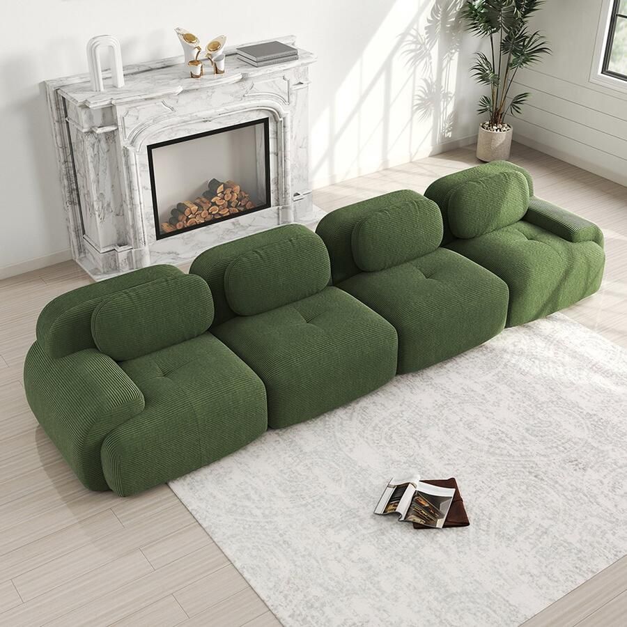 BLACKCOLORS 4-zitsbank van zacht corduroy zeer elastische 32D-vulling huisdiervriendelijk en ergonomisch vacuüm verpakt vrij te combineren zonder montage voor slaapkamer en kantoor groen