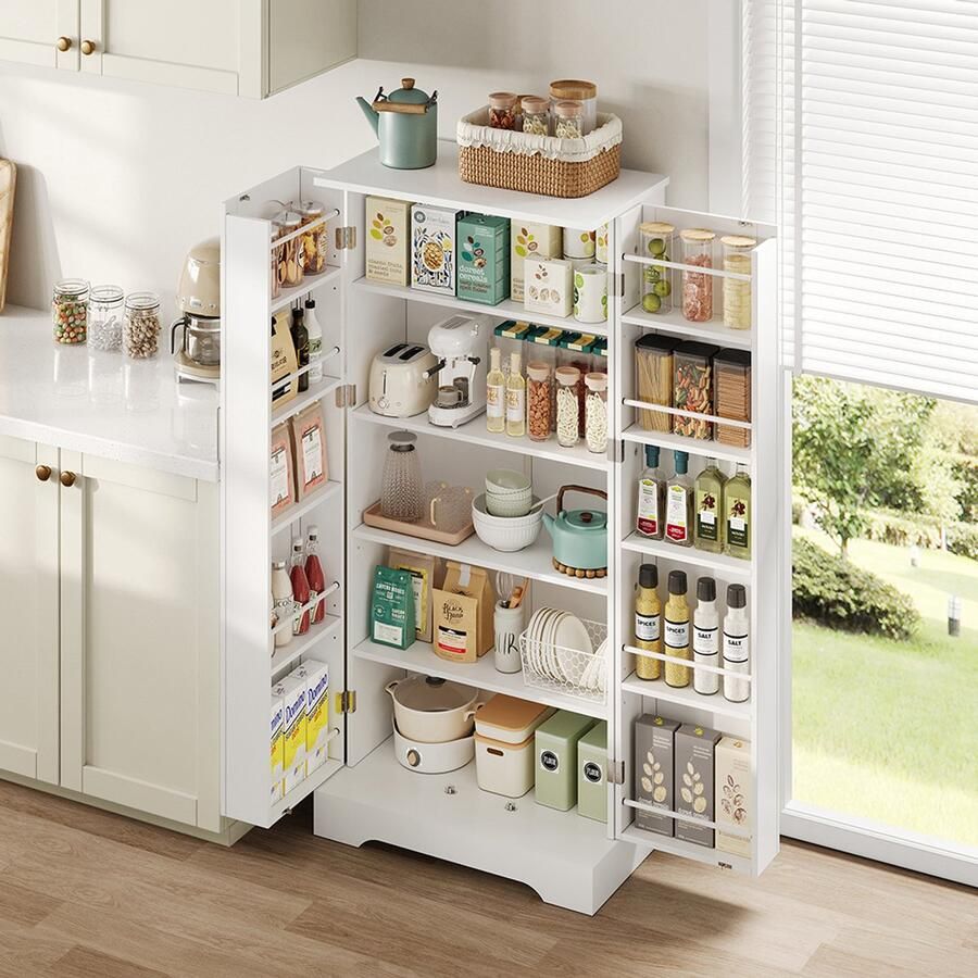 BLACKCOLORS 60 × 35 × 128 cm wit multifunctionele keukenkast met LED-verlichting met sensor in hoogte verstelbare planken dubbele deur met opbergvak kantelbeveiliging geschikt voor de keuken woonkamer en eetkamer