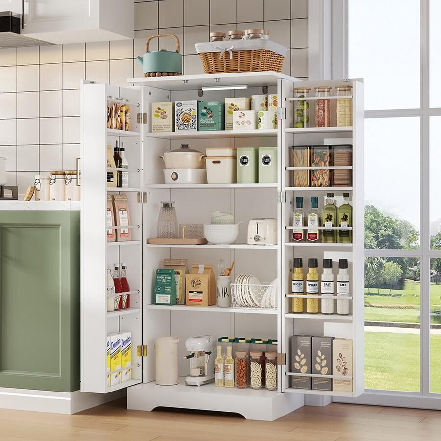 BLACKCOLORS 60 × 35 × 128 cm wit multifunctionele keukenkast met LED-verlichting met sensor in hoogte verstelbare planken dubbele deur met opbergvak kantelbeveiliging geschikt voor keuken woonkamer en eetkamer