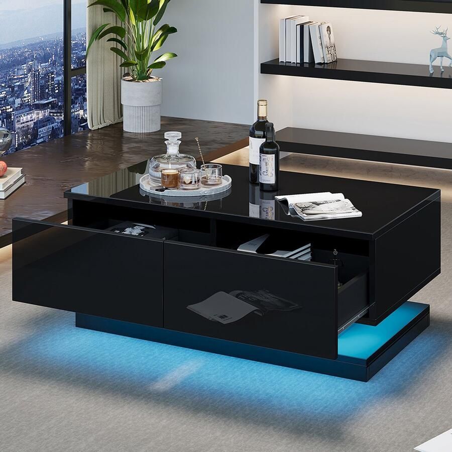 BLACKCOLORS 90*50*38cm glanzend zwarte salontafel met 2 lades uitgerust met een sfeervolle salontafel met LED-verlichting te bedienen via een mobiele app