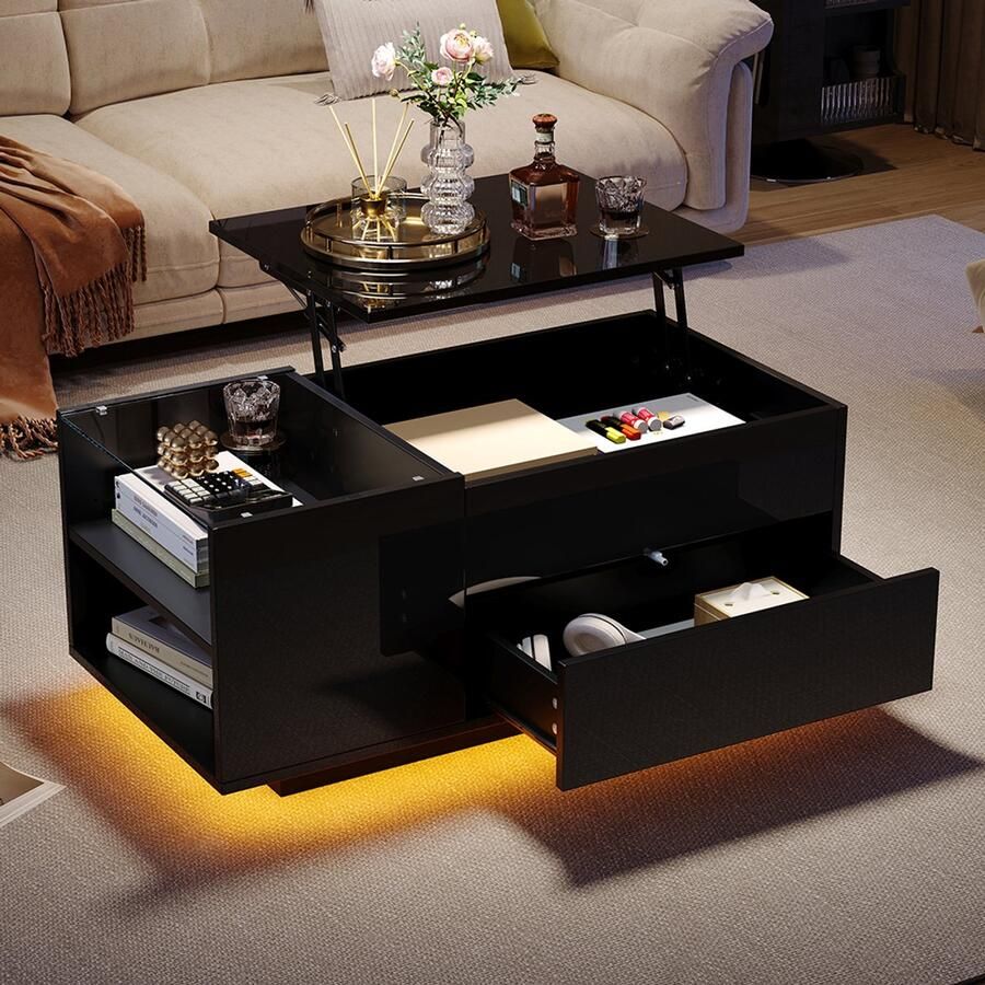 BLACKCOLORS 95*48*42 cm Salontafel In hoogte verstelbare salontafel met verborgen opbergruimte bijzettafel met ledverlichting salontafel met lade tafel salontafel met stopcontact zwart