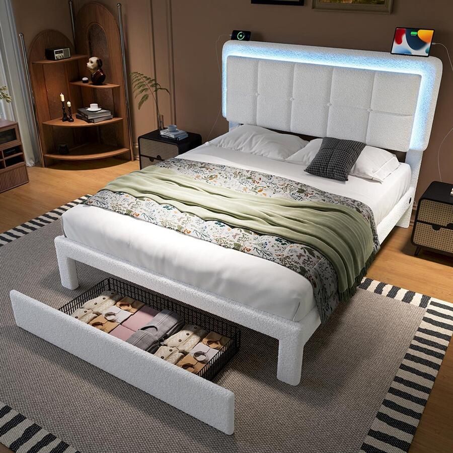 BLACKCOLORS Bedframe met Teddy-fluwelen bekleding frame van ijzer en hout verstelbaar hoofdeinde instelbare sfeerverlichting USB-poort modern bedframe 160 x 200 cm