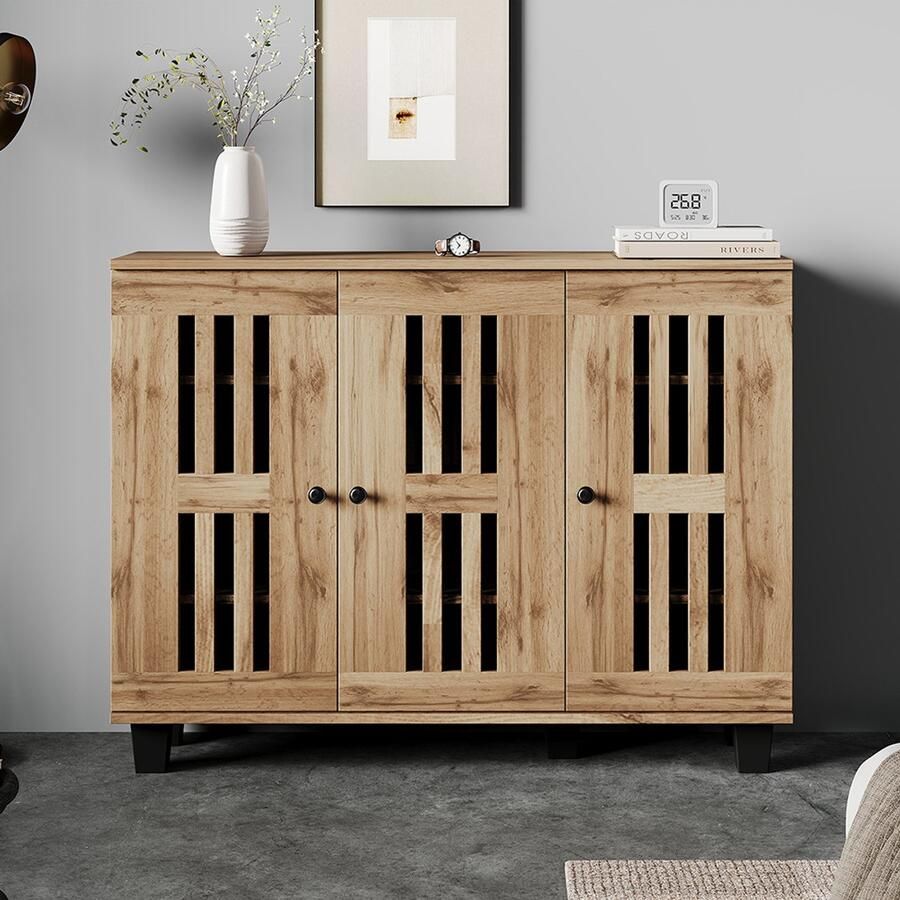 Pugsdrly Dressoir 120*32*92 cm bijzettafel voor woonkamer dressoir 3-deurs brede kast 8 opbergvakken. Geschikt voor woonkamer slaapkamer studeerkamer en hal