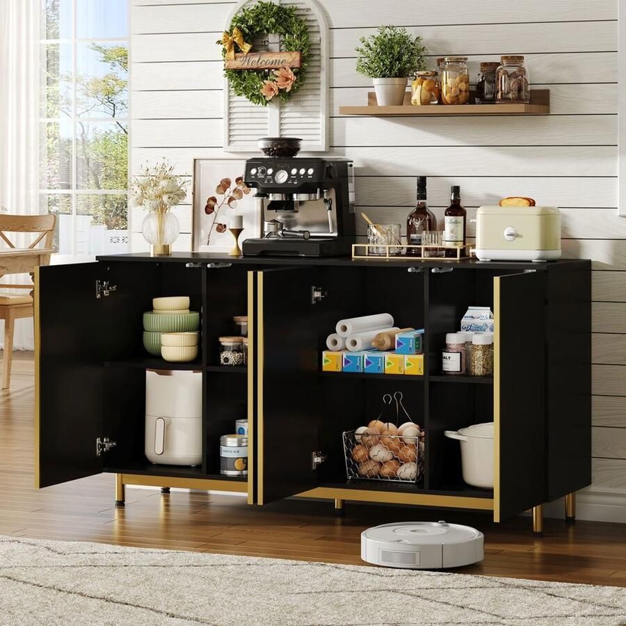 BLACKCOLORS Buffetkast 150 cm buffetkast met golvende en gegroefde deuren verstelbare metalen poten moderne eettafel stabiel geschikt voor de eetkamer keuken en woonkamer – zwart