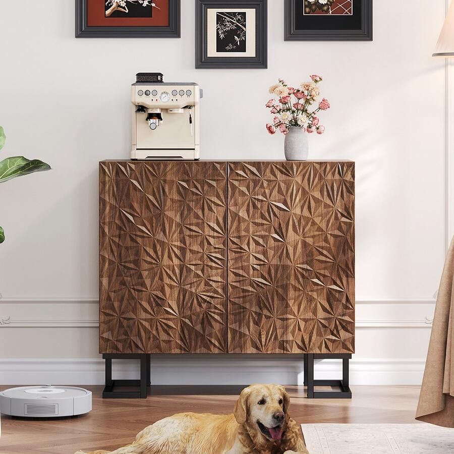 BLACKCOLORS Buffetkast 80 × 40 × 78 cm – Serie “Blattpoesie” – Donkere notenhouten look met bladerenreliëf – Deuren met druksluiting metalen poten – Modern design voor de woonkamer en gang