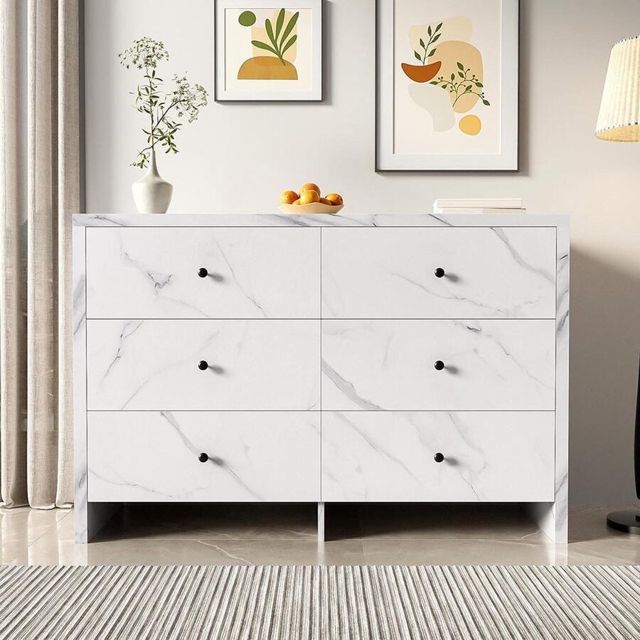 Pugsdrly Buffetkast elegant opbergmeubel met marmerlook 120 cm 6 lades en handgrepen van zwart hout kantelbeveiliging Modern meubel voor uw interieur