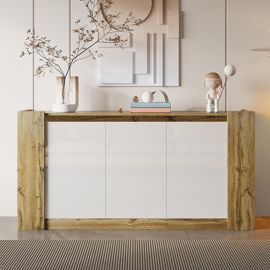 Pugsdrly Buffetkast kasten in glanzend wit en hout design zonder handgrepen afgeschuinde deuren die ook als handgrepen dienen softclose-scharnieren en verstelbare legplanken