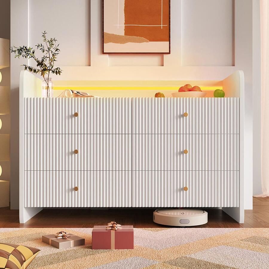 Pugsdrly Dressoir ladekast met ledverlichting en 6 lades golvend design moderne kast voor woonkamer en slaapkamer 120x40x75cm wit