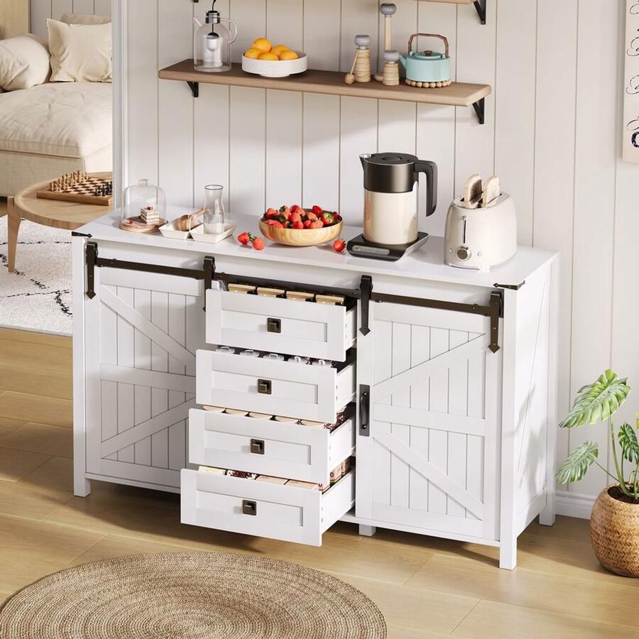 BLACKCOLORS Buffetkast met opbergruimte 137 cm breed bijzettafel met schuifdeuren en 4 lades vintage buffetkast geschikt voor de keuken eetkamer en woonkamer wit