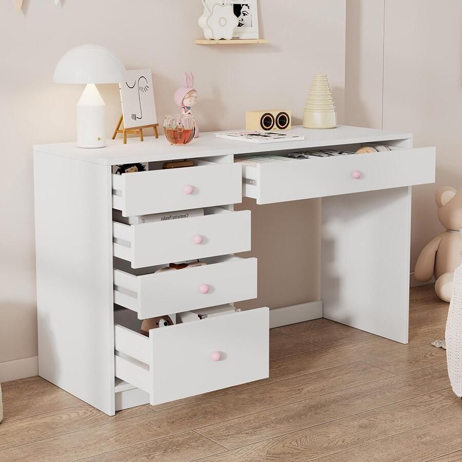 BLACKCOLORS Bureau eenvoudig kinderbureau tijdloos computerbureau kaptafel met 5 opberglades roze keramische handgrepen geschikt voor alle leeftijden wit 120×45×74 cm