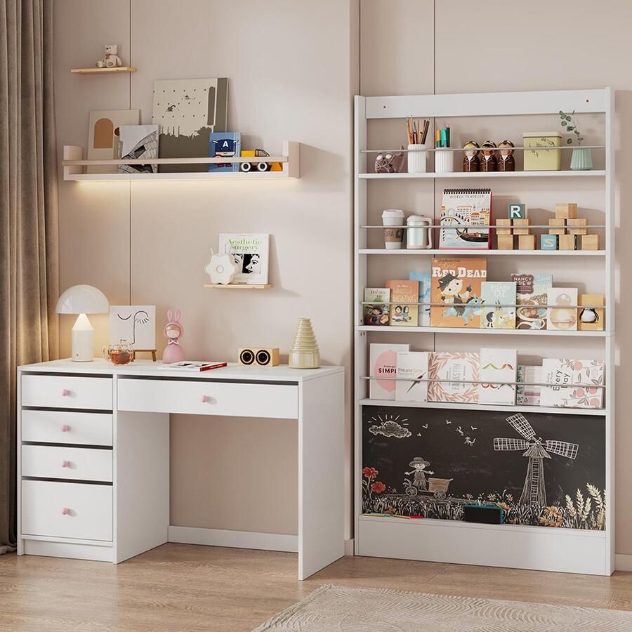 Pugsdrly Combinatie bureau + boekenrek voor prentenboeken meubelset voor kinderen kantoormeubels 2-delige set bureau + boekenrek witte set