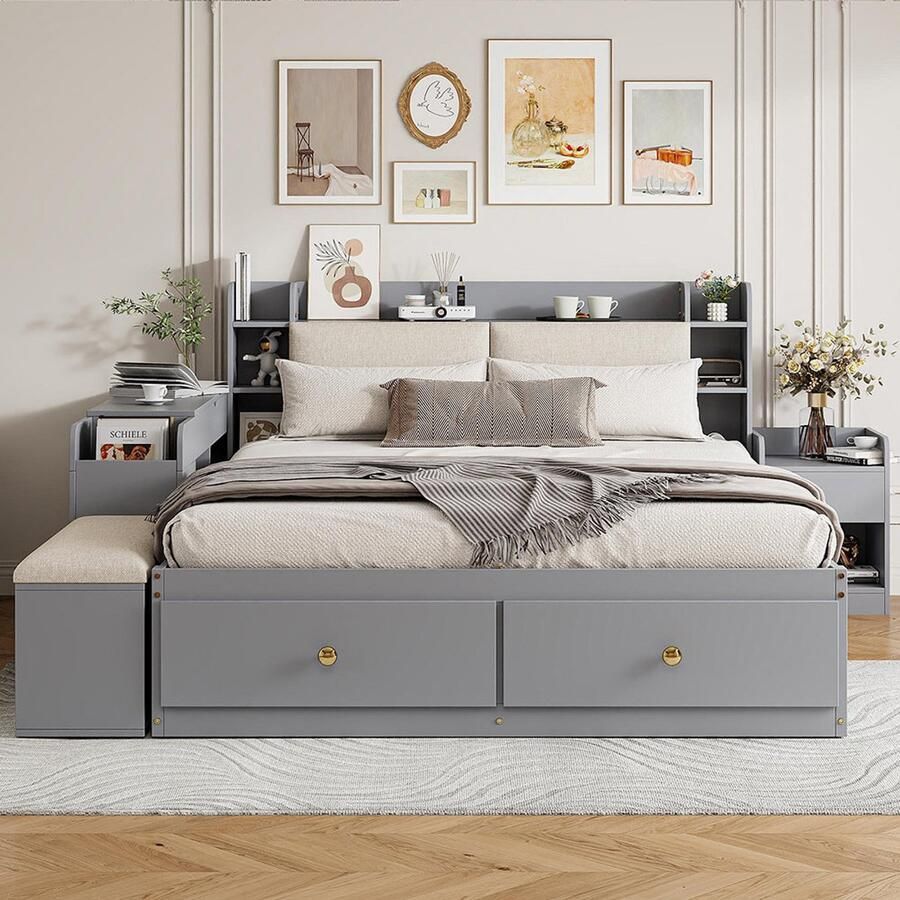 BLACKCOLORS Combinatiebed van massief hout 140*200 cm hoofdeinde met geïntegreerd opbergvak met lades met nachtkastje met lange opbergkast met bankje bed met opbergruimte Tweepersoonsbed Bed met opbergruimte Tatami-bed grijs