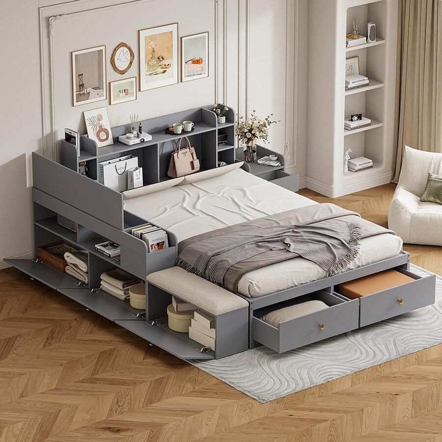 KOMHTOM BLACKCOLORS Combinatiebed van massief hout 140*200 cm hoofdeinde met geïntegreerd opbergvak met lades met nachtkastje met lange opbergkast met bankje bed met opbergruimte Tweepersoonsbed Bed met opbergruimte Tatami-bed grijs