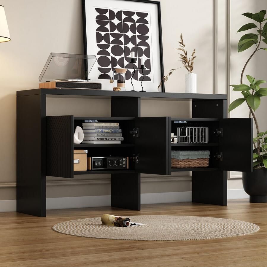 BLACKCOLORS Commode dressoir halmeubel met 2 open vakken en 4 deuren zwart afmetingen: 140 x 75 x 35 cm (B x H x D)