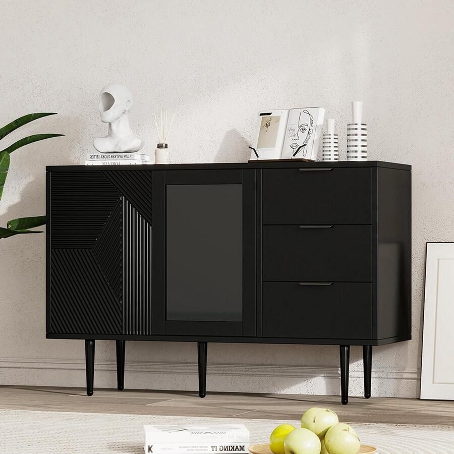 BLACKCOLORS Commode met 3 lades en 2 deuren met metalen poten en zwarte glazen deuren afmetingen: 120 x 38 x 795 cm
