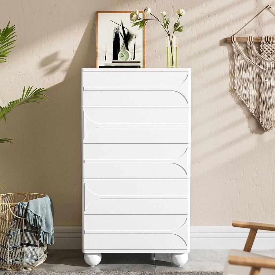 BLACKCOLORS Commode met 5 lades en elegant reliëfdesign – witte metalen poten royale opbergruimte afgeronde hoeken