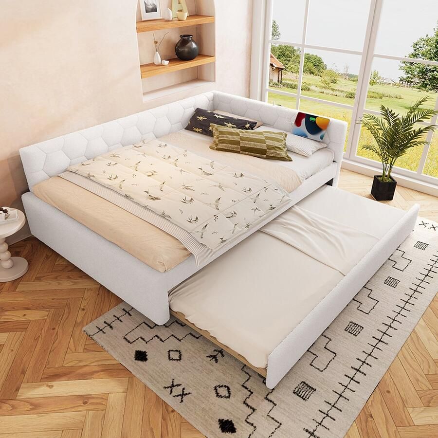 BLACKCOLORS Dagbed 140*200 cm Dagbed slaapbank bed met lattenbodem (zonder matras) met nachtlampje met multifunctioneel uitschuifbed USB-aansluiting type C comfortabel materiaal imitatie fleece wit