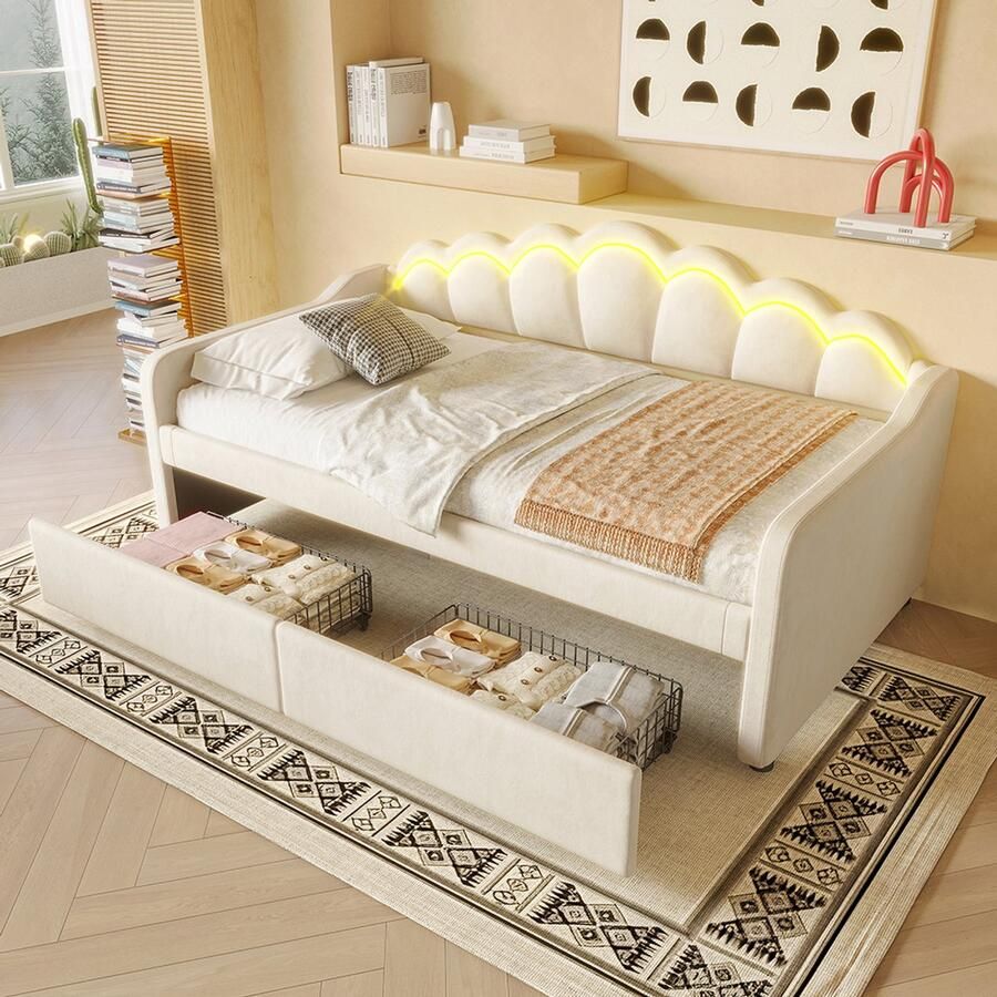 BLACKCOLORS Dagbed met lades slaapbank eenpersoonsbed (zonder matras) fluweel LED-strip met wisselende kleuren 90x200cm beige