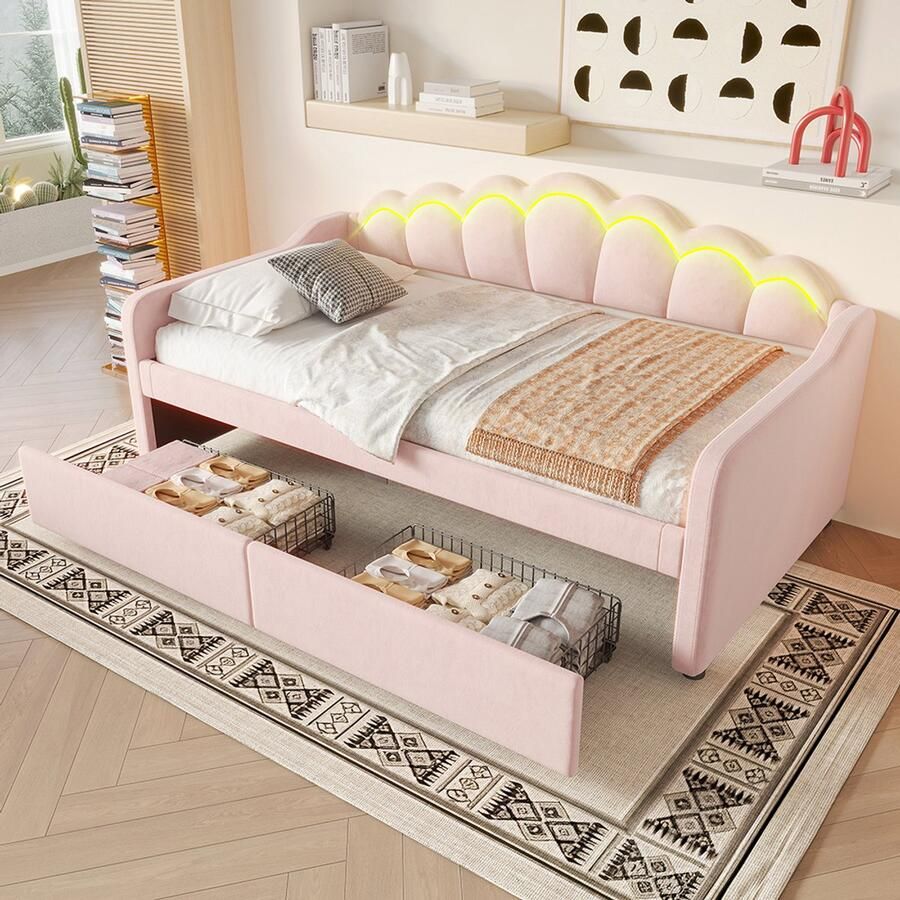 BLACKCOLORS Dagbed met lades slaapbank eenpersoonsbed (zonder matras) fluweel LED-strip met wisselende kleuren 90x200cm roze