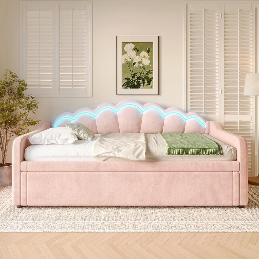 BLACKCOLORS Dagbed met uitschuifbed slaapbank eenpersoonsbed (zonder matras) tweepersoonsbed fluweel LED-strip met wisselende kleuren 90x200cm(180x200cm) roze