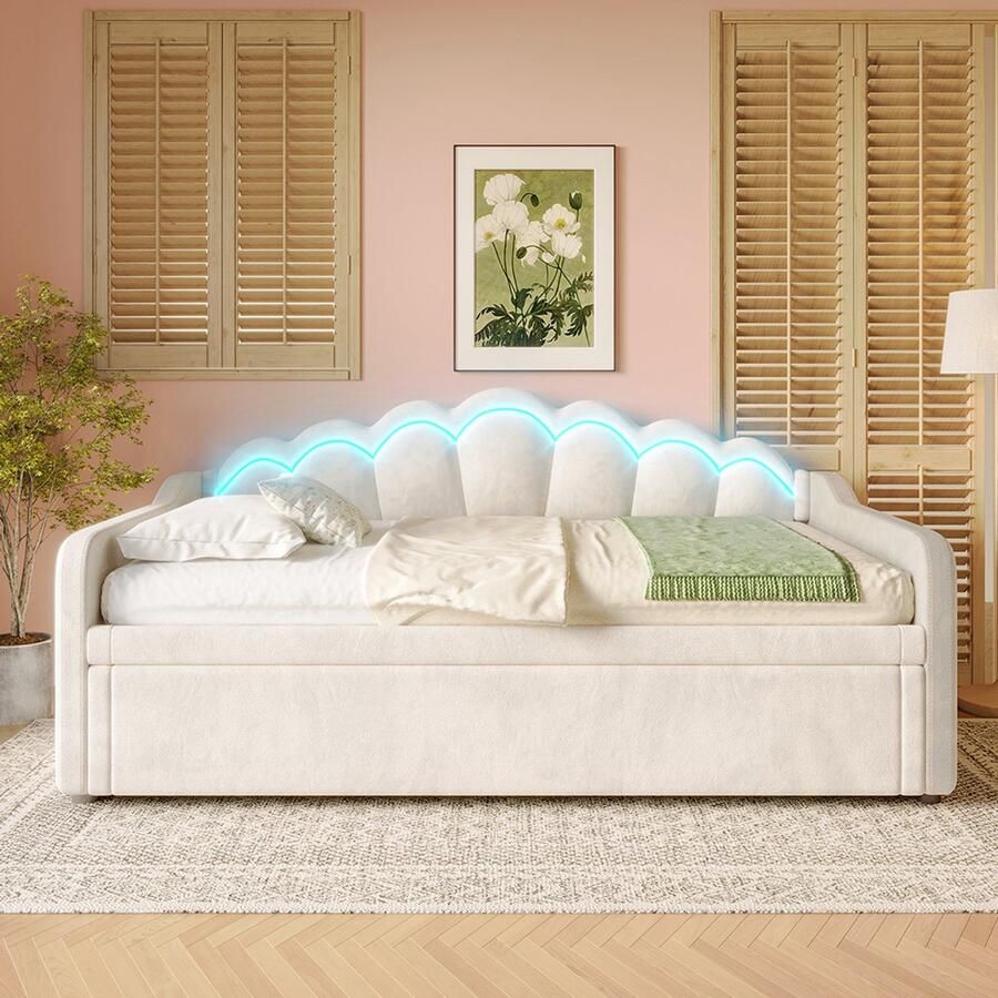 BLACKCOLORS Dagbed met uitschuifbed slaapbank eenpersoonsbed (zonder matras) tweepersoonsbed fluweel LED-strip met wisselende kleuren 90x200cm(180x200cm) beige