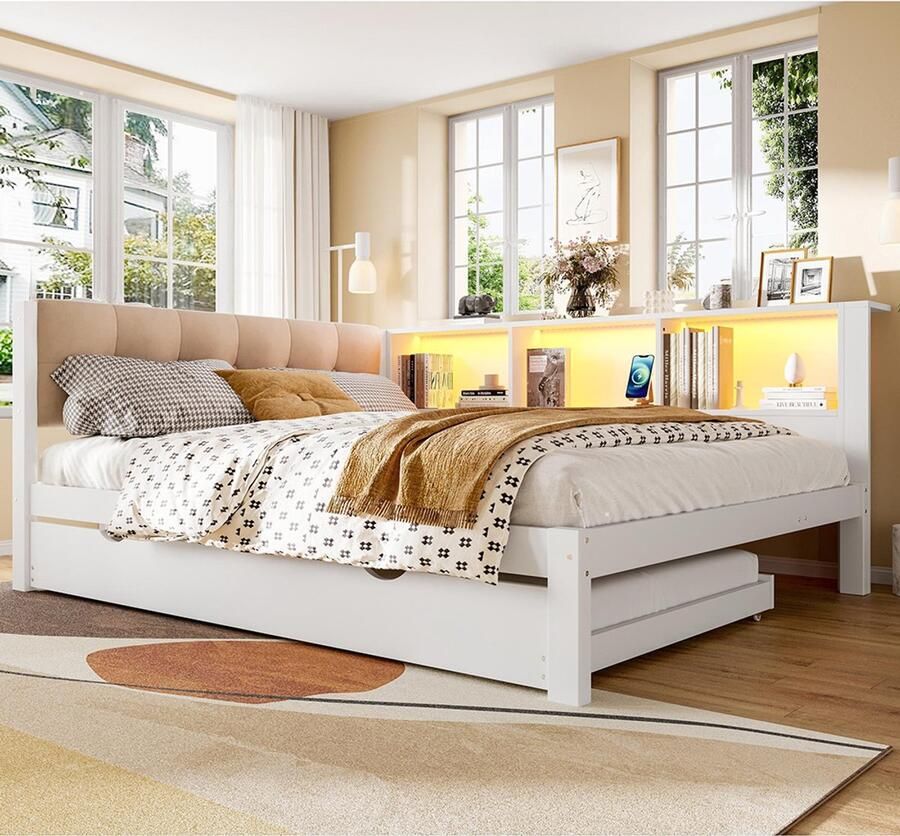 BLACKCOLORS Dagbed slaapbank 140 x 200 cm eenpersoonsbed (zonder matras) met uitschuifbaar bed met dimbare led-lichtstrip met handige plank met USB-poort 140 x 200 cm grenenhout wit