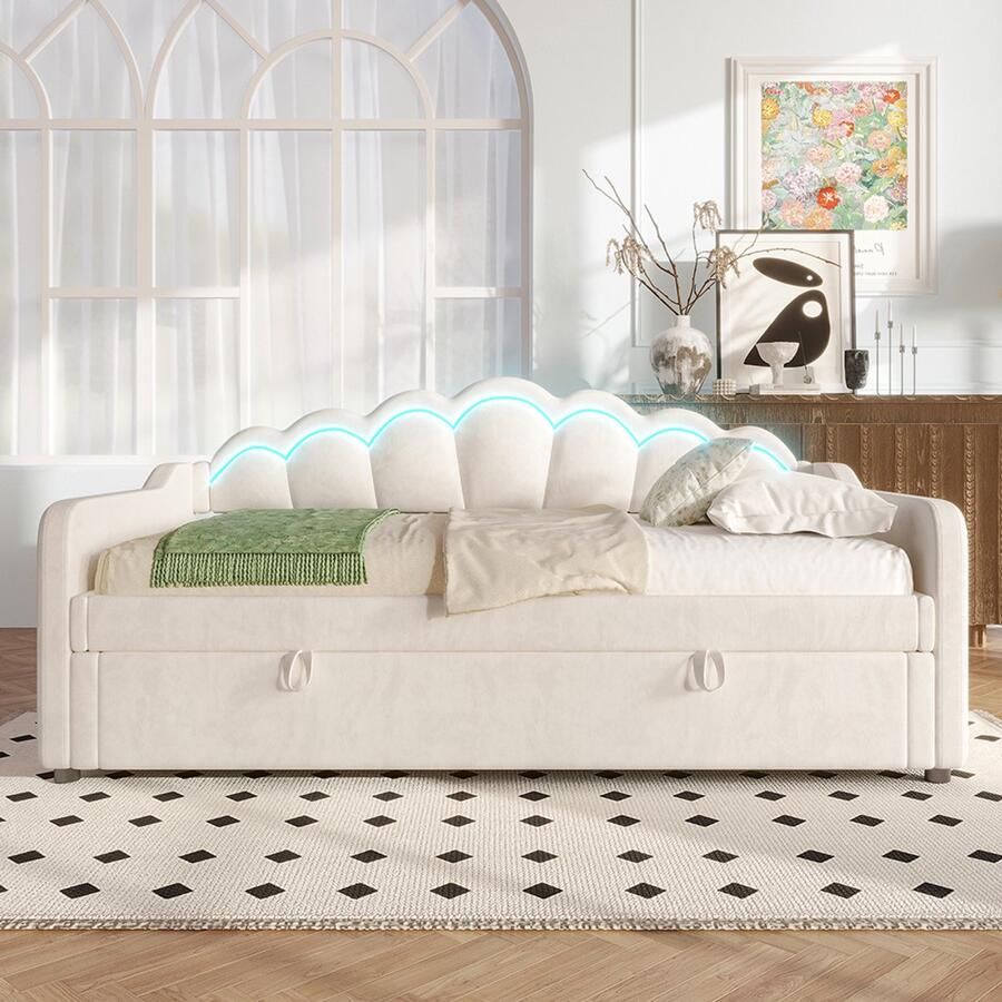 BLACKCOLORS Dagbed slaapbank hydraulisch bed met opbergruimte eenpersoonsbed (zonder matras) fluweel LED-strip met wisselende kleuren 90x200cm beige