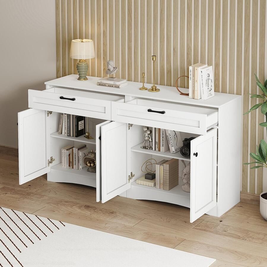 BLACKCOLORS Dressoir 160*40*85 cm dressoir voor de woonkamer met 2 lades bijzettafel met gebogen design en zwarte handgreep met 2 grote kasten in totaal 7 opbergvakken eenvoudige witte kast