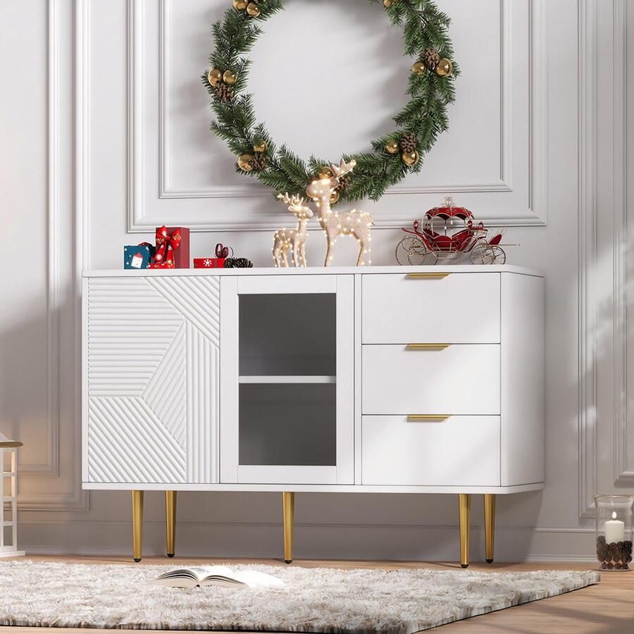 BLACKCOLORS Dressoir met 3 lades en 2 deuren met metalen poten en witte glazen deuren afmetingen: 120 x 38 x 795 cm