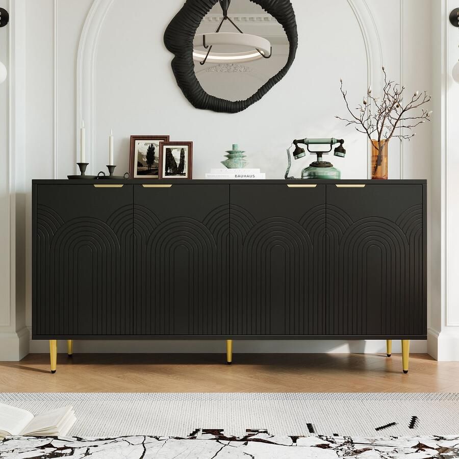 BLACKCOLORS Dressoir woonkamer ladekast met 4 deuren gouden geborstelde handgrepen en hoogglans tafelpoten zwart afmetingen 160×80×40 cm (B×H×D)