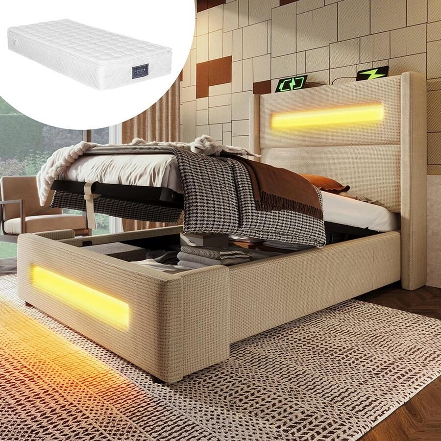 KOMHTOM Gestoffeerd eenpersoonsbed 90x200 cm bed voor tieners met LED-bed met hydraulische opbergruimte en USB Type-C-oplaadpunt metalen bedframe met houten latten in linnenbeige inclusief matras