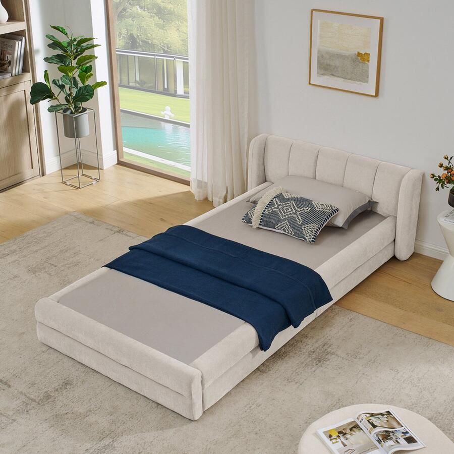 BLACKCOLORS Eenpersoonsbed 90*200 cm huidvriendelijke chenille stof comfortabele rugleuning ook geschikt als kinderbed beige (zonder matras)