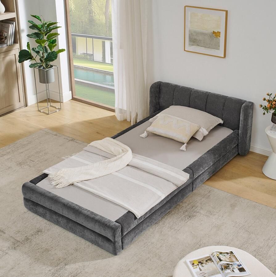 BLACKCOLORS Eenpersoonsbed 90*200 cm huidvriendelijke chenille stof comfortabele rugleuning ook geschikt als kinderbed donkergrijs (zonder matras)