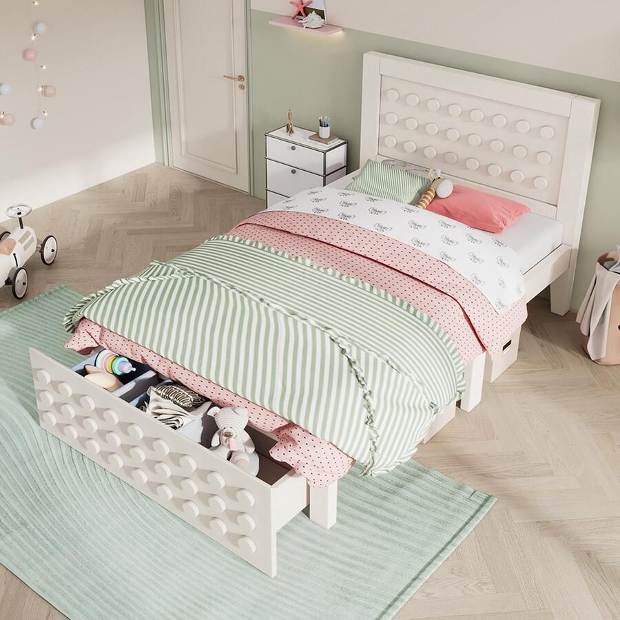 Komhtom Eenpersoonsbed van hout 90 x 190 cm kinder- tienerbed met creatief blokkenontwerp massief houten frame met lattenbodem lades en opbergruimte onder het bed wit zonder matras