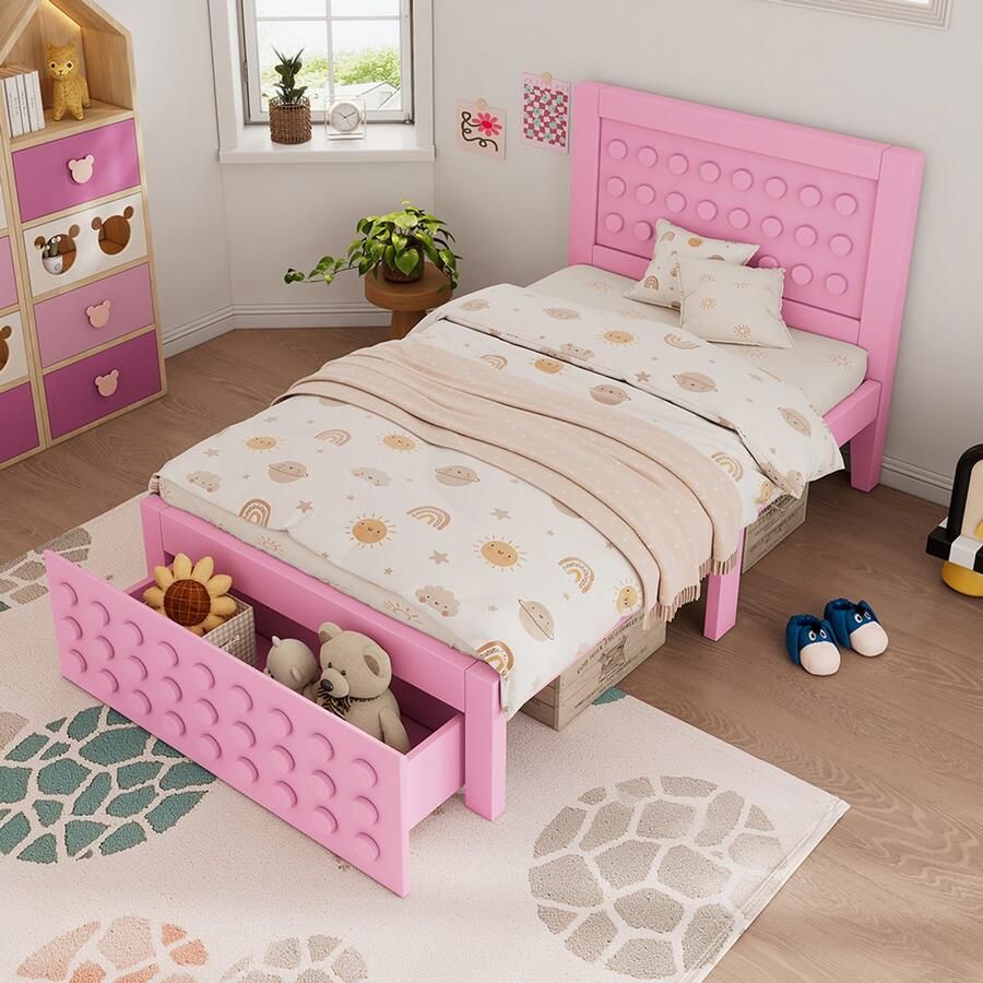 BLACKCOLORS Eenpersoonsbed van hout 90x190 cm kinder- tienerbed met creatief blokkenontwerp massief houten frame met lattenbodem met lades en opbergruimte onder het bed roze zonder matras
