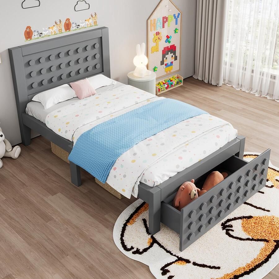 Komhtom Eenpersoonsbed van hout 90x200 cm kinder- tienerbed met creatief blokkenontwerp massief houten frame met lattenbodem met lades en opbergruimte onder het bed grijs zonder matras
