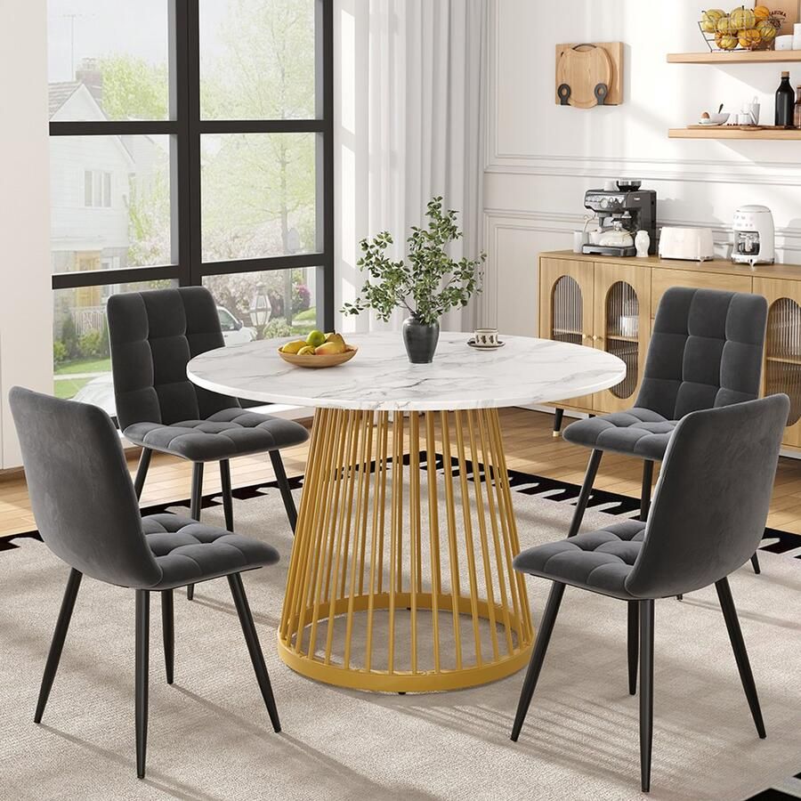 BLACKCOLORS Eetkamer set (5-delig) eetkamer set met 4 stoelen moderne keukenset ronde keukentafel met een diameter van 80 cm met gouden metalen poten wit MDF-blad eetkamerstoelen van donkergrijs fluweel