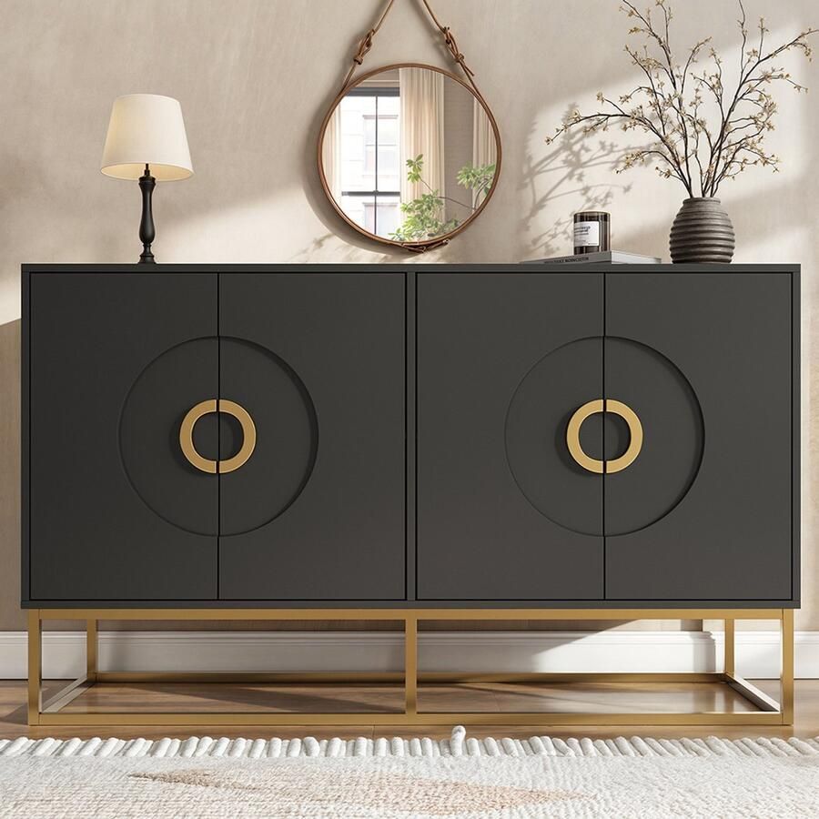 BLACKCOLORS Eetkamerkast (140 × 40 × 83 cm) opbergkast voor eetkamer en woonkamer uniek ontwerp kastdeurontwerp vrijstaande kast minimalistisch dressoir ringgreep zwart