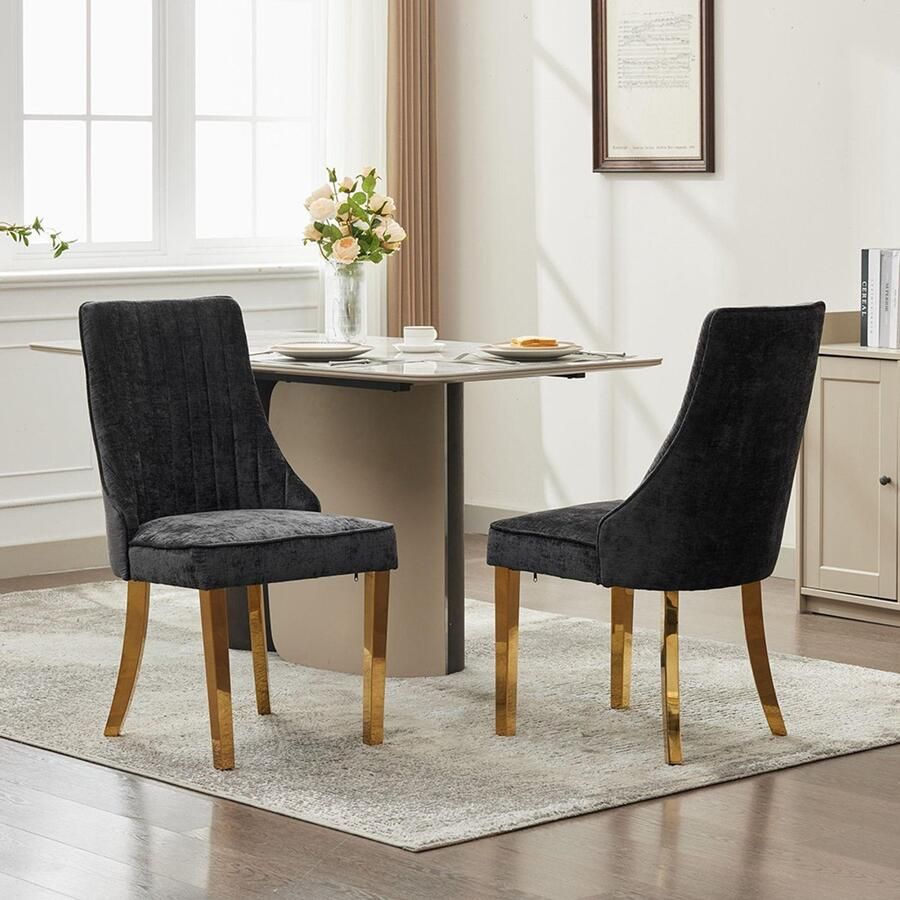 BLACKCOLORS Eetkamerstoelen van rayon met chenille-flockbekleding Channel-keukenstoel Comfortabele extra stoel van gewatteerde stof voor de eetkamer met poten van verguld roestvrij staal set van 2 (zwart) DE1647BK
