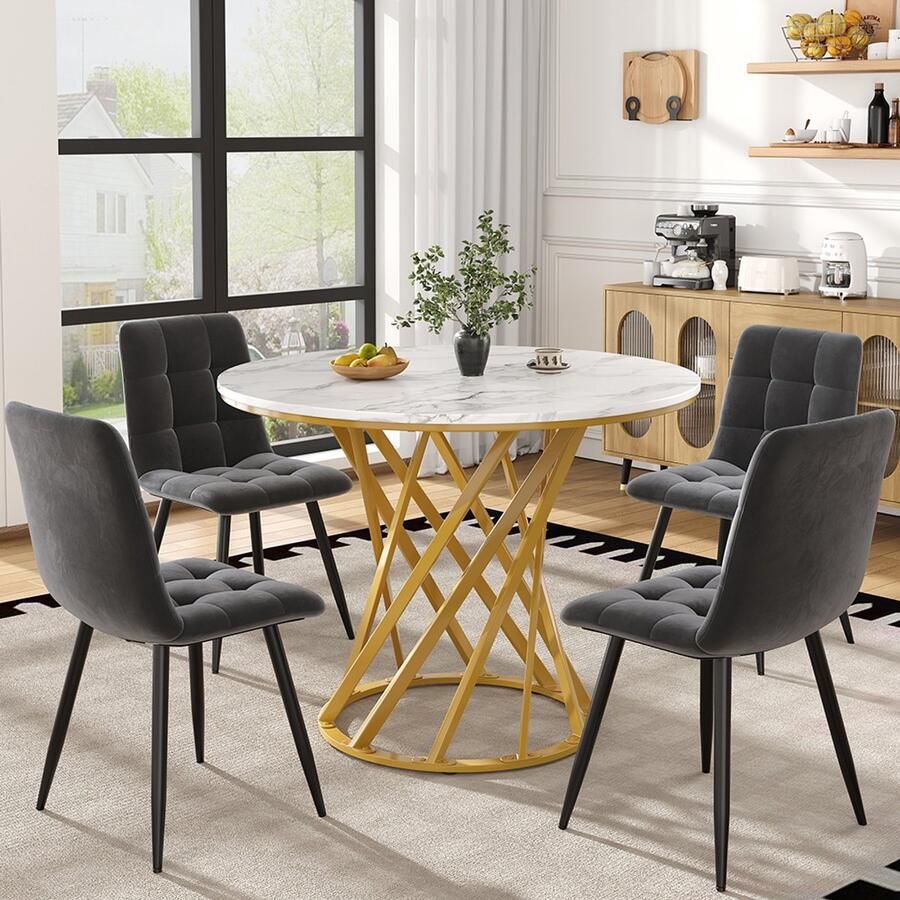 BLACKCOLORS Eettafel set (5-delig) eettafel set met 4 stoelen moderne keukentafel set ronde keukentafel met een diameter van 80 cm met goudkleurige metalen poten wit MDF tafelblad eetkamerstoelen van donkergrijs fluweel