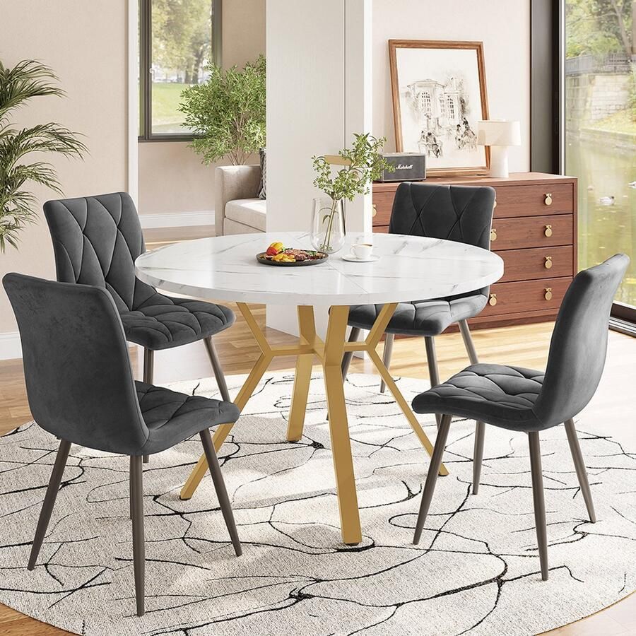 Pugsdrly Eettafel set eettafel en stoelen set (5 stuks) moderne en eenvoudige ronde eettafel en stoelen set van marmer tafelpoten van goudkleurig metaal + 4 ergonomische fluwelen stoelen grijze eetkamerstoel