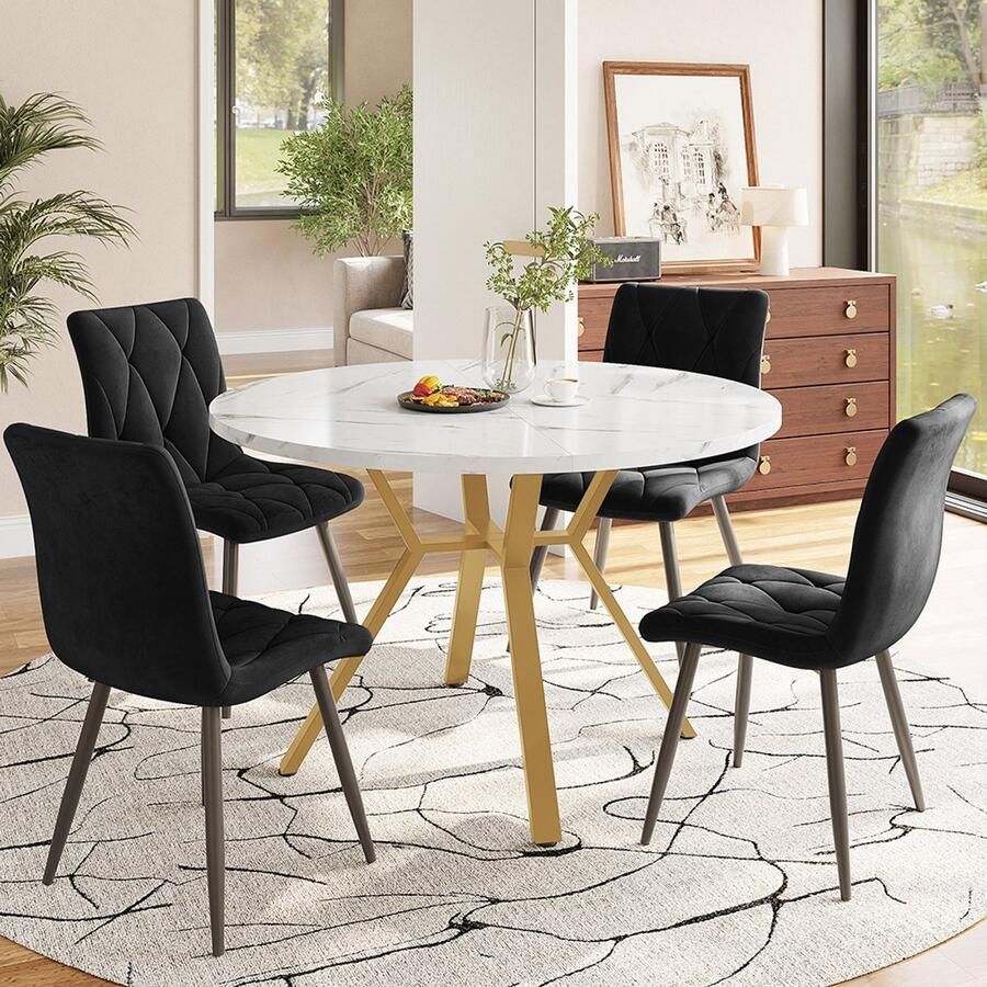 BLACKCOLORS Eettafel set tafel en stoelen set (5 stuks) moderne en eenvoudige tafel en stoelen set rond van marmer tafelpoten van verguld metaal + 4 ergonomische fluwelen stoelen zwarte eetkamerstoelen