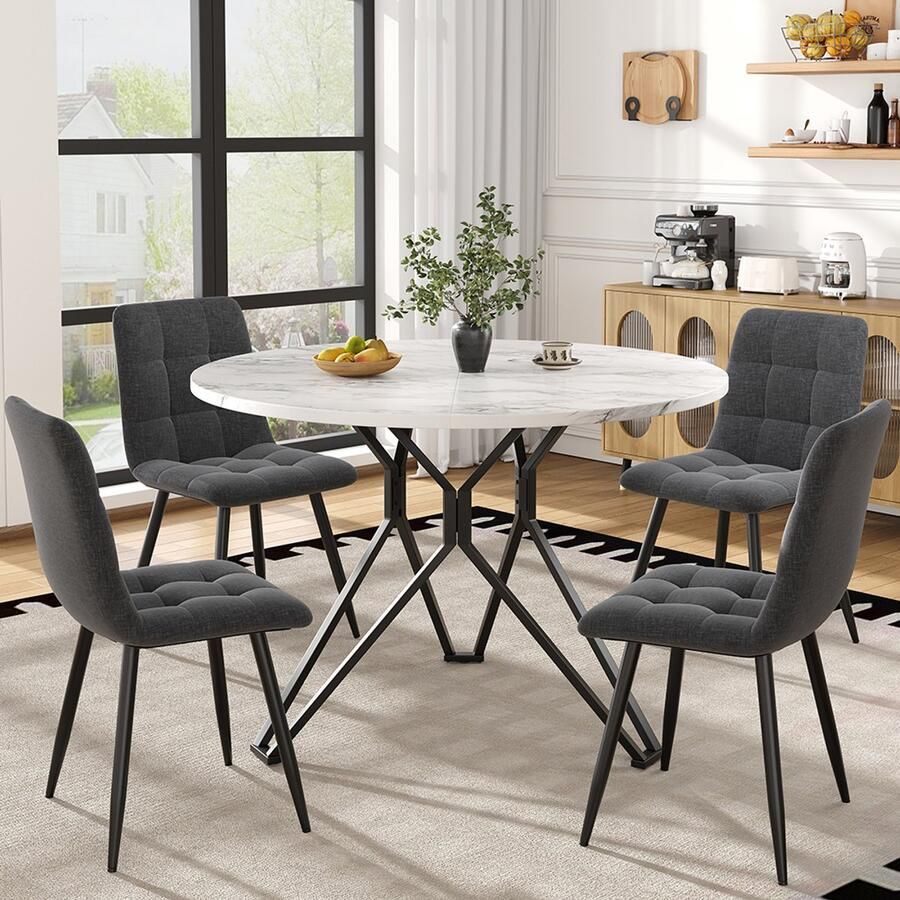 BLACKCOLORS Eettafelset (5-delig) eettafelset met 4 stoelen moderne eettafelset voor de keuken ronde keukentafel met een diameter van 100 cm zwarte metalen poten marmeren MDF-blad eetkamerstoelen van grijs fluweel
