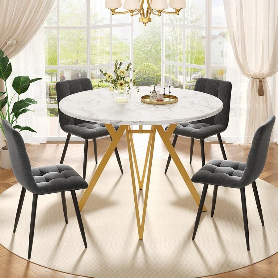 BLACKCOLORS Eettafelset (5-delig) eettafelset met 4 stoelen moderne eettafelset voor de keuken ronde keukentafel met een diameter van 100 cm met goudkleurige metalen poten marmeren MDF-blad eetkamerstoelen in grijs